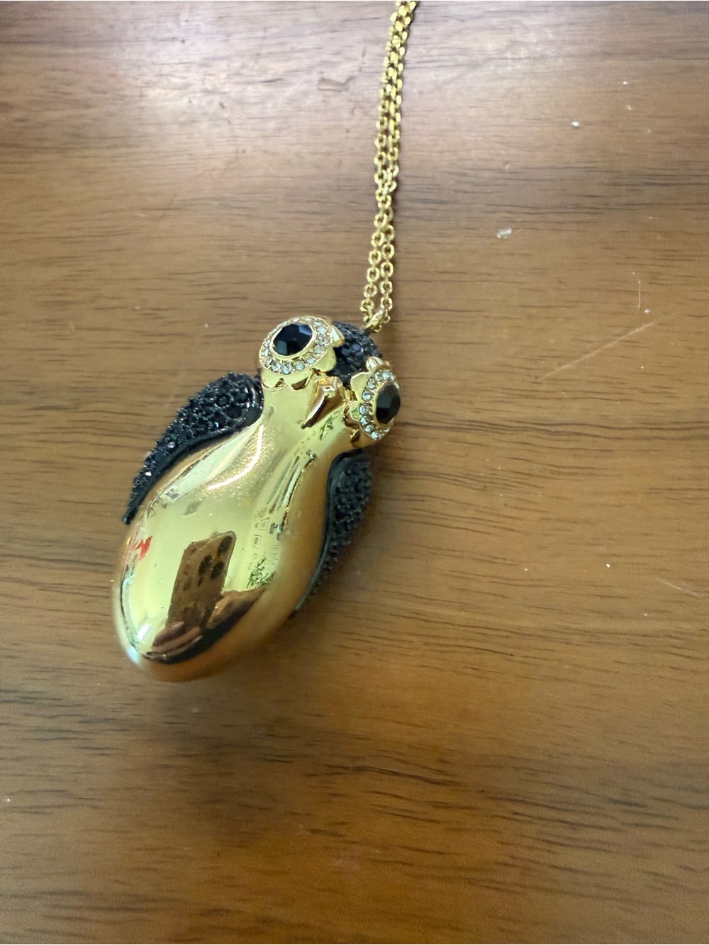 Gold penquin Pendant Necklace with Black Crystal Accents